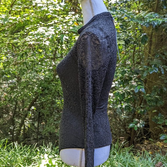 JONATHAN SIMKHAI Stretch Lace Bodysuit Long Sleeves in Semi Sheer Black Sz Small - Picture 9 of 11